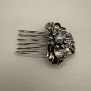 Silver Toned Hair Side Comb Floral Leaf Design Faux Pearl Rhinestones Updo